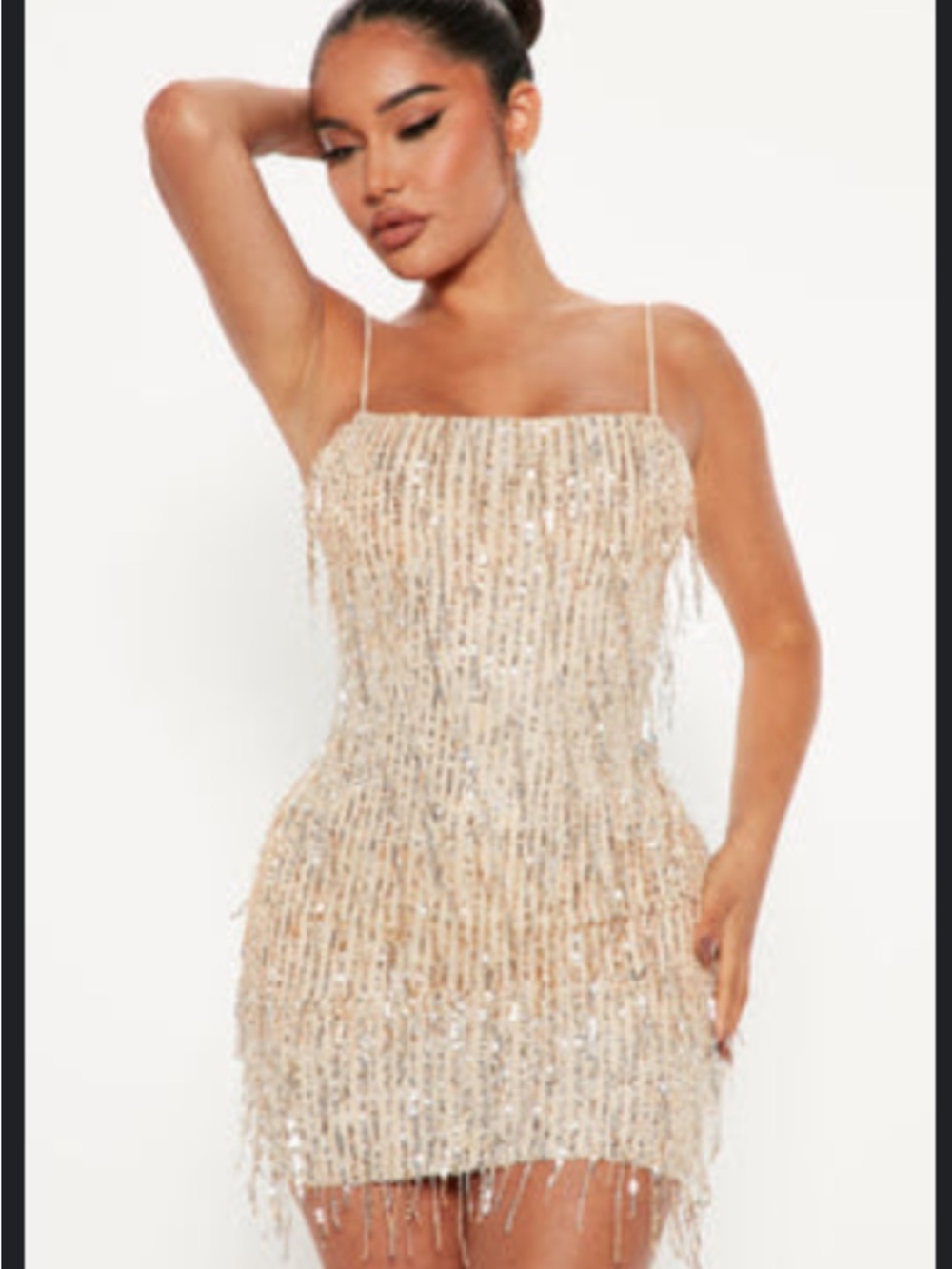 Fashion Nova Champagne Sequin Fringe Mini Dress